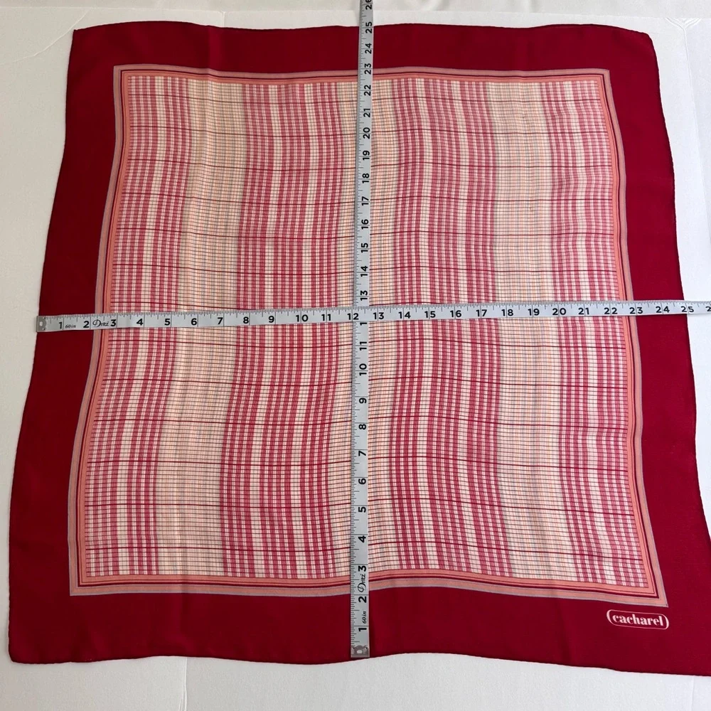 Vintage Cacharel Plaid Tartan Silk Feel Square Scarf 26x26 Red Cream French Chic